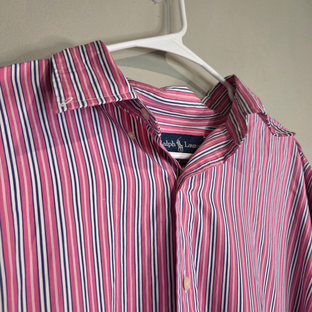 Ralph Lauren Dress Shirt M XXL Pink Blue Striped Classic Fit Button Down Cotton